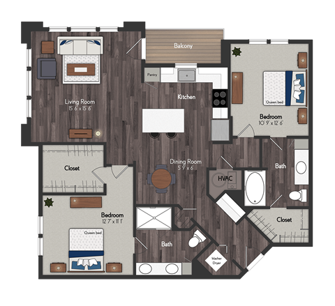 Floor plan for 2 beds, 2 baths, 1250 sqft